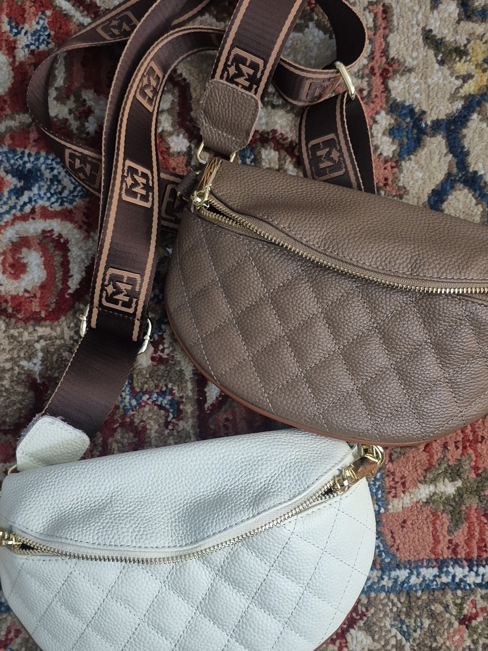 Escolori Leather Crossbody Belt Bag - Brown and Cream